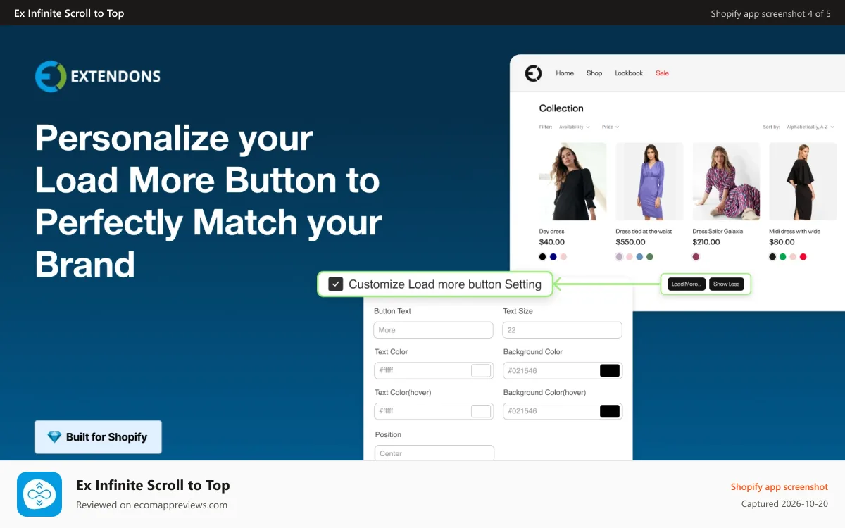 Ex Infinite Scroll to Top Shopify app screenshot: Scroll Down & Load More Button Option