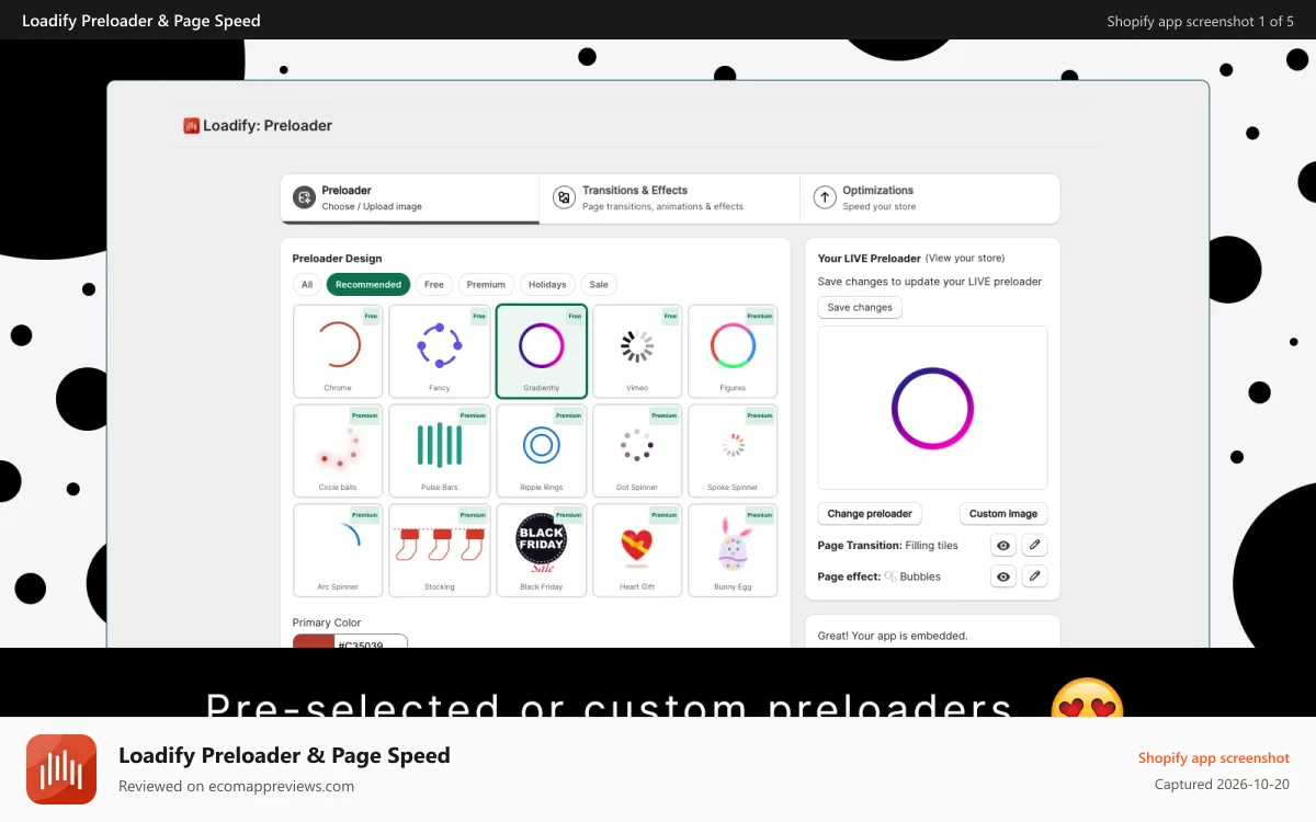 Loadify Preloader & Page Speed Shopify app screenshot: Animated logo, 50+ seasonal & branded screens