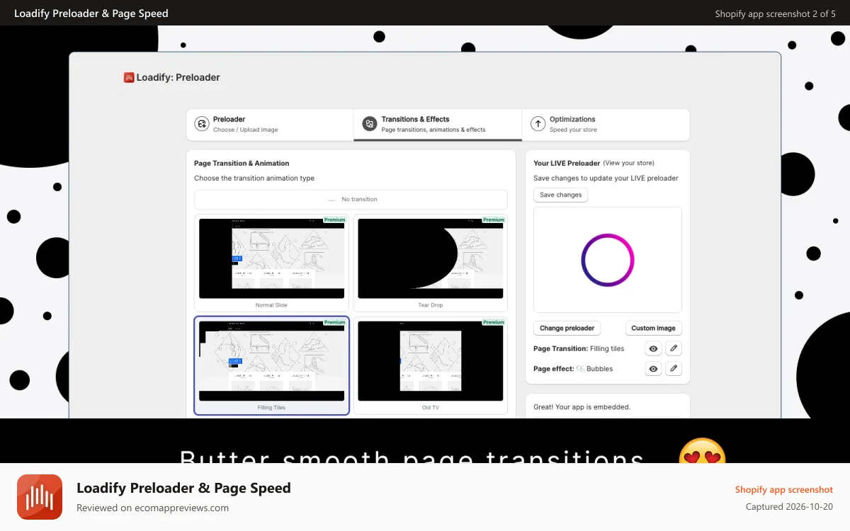 Loadify Preloader & Page Speed Shopify app screenshot: Butter smooth page transitions