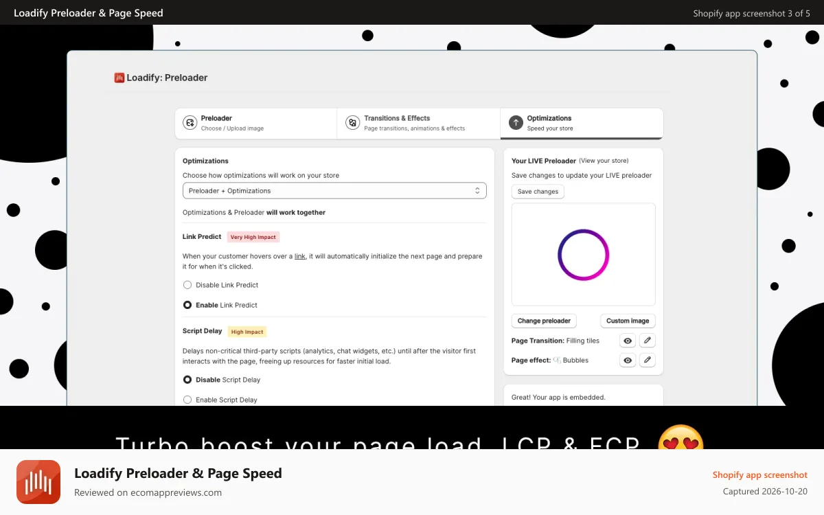 Loadify Preloader & Page Speed Shopify app screenshot: Turbo boost your page load, LCP & FCP