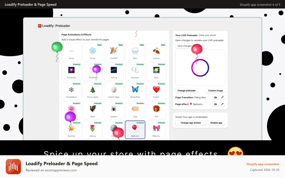 Loadify Preloader & Page Speed Shopify app screenshot: Spice up your store with page effects