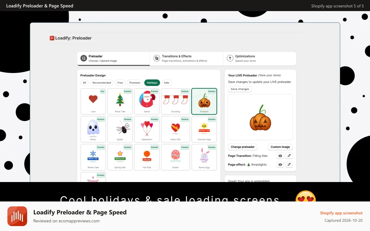 Loadify Preloader & Page Speed Shopify app screenshot: Cool holidays & sale loading screens