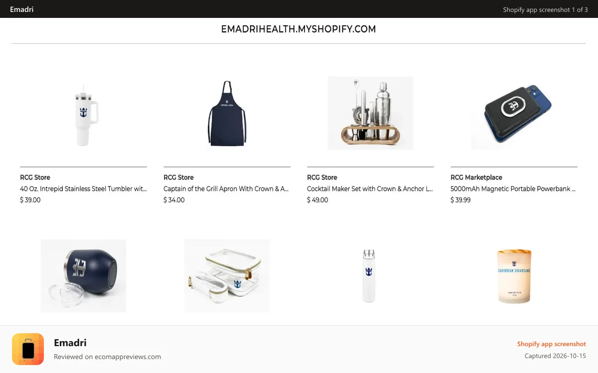 Emadri Shopify app screenshot: Product list page for travel shopping on Emadri Marketplace