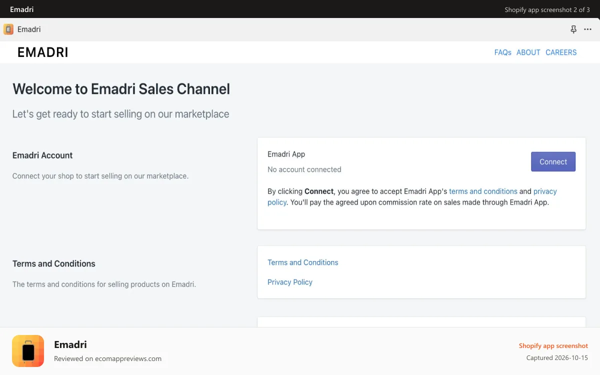 Emadri Shopify app screenshot: Emadri sales channel app with account connection settings