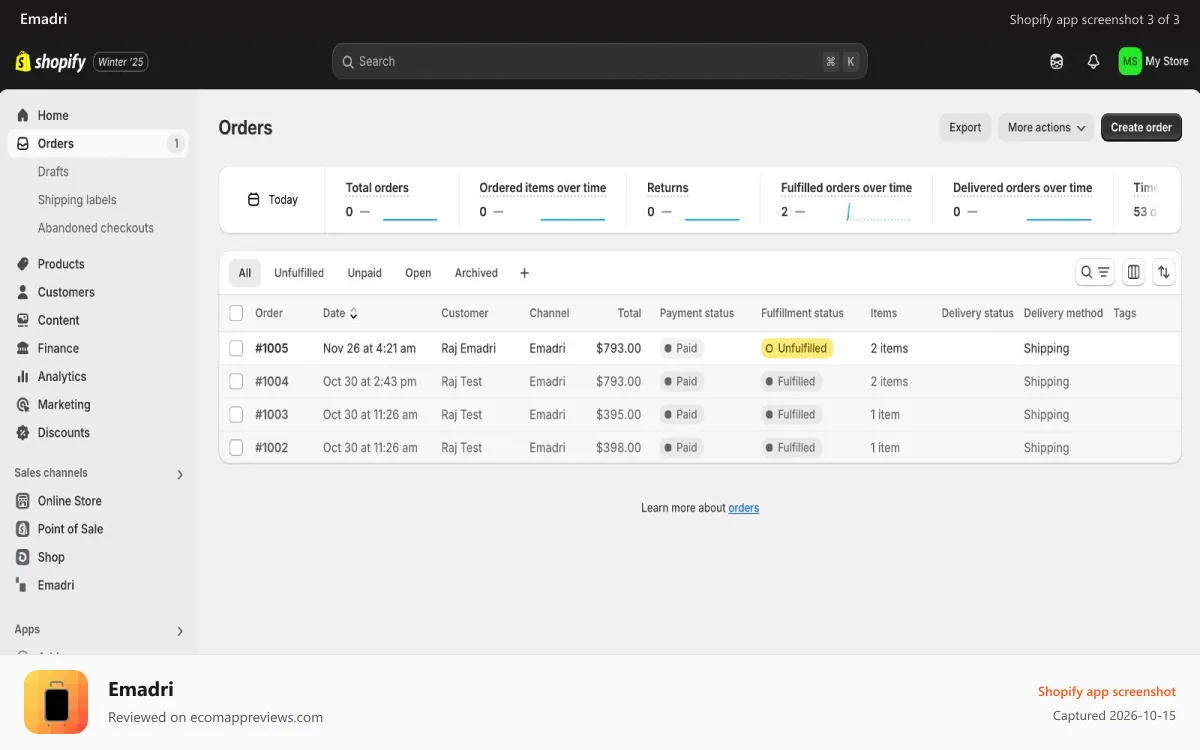 Emadri Shopify app screenshot: Shopify admin dashboard showing order from Emadri marketplace