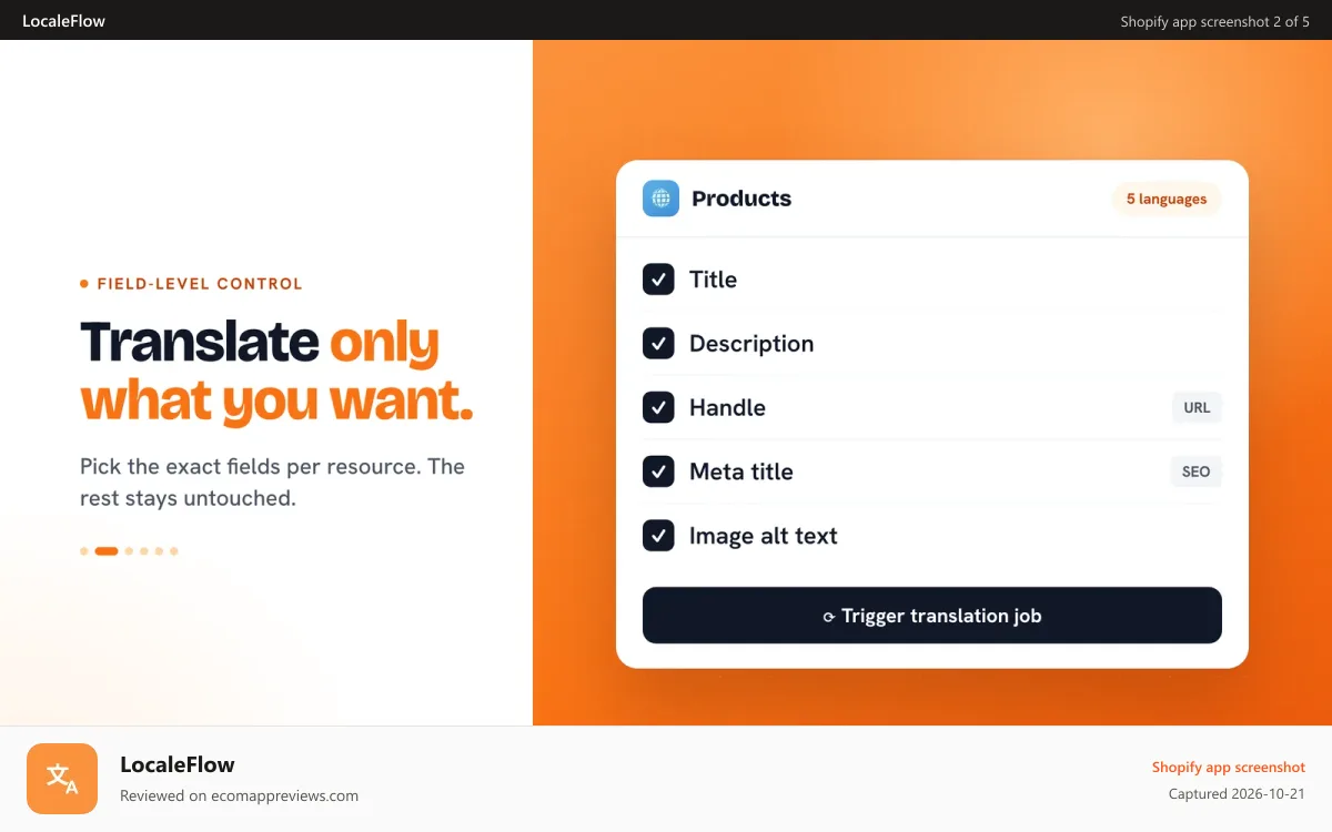 LocaleFlow Shopify app screenshot: Select your target languages and translation rules.