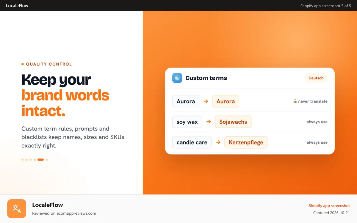 LocaleFlow Shopify app screenshot: Set exact translations for terms across all languages.