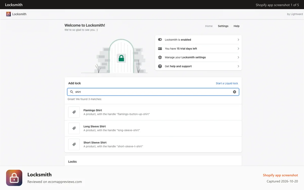 Locksmith Shopify app screenshot: Locksmith homepage