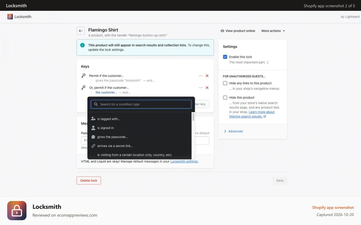 Locksmith Shopify app screenshot: Creating a lock