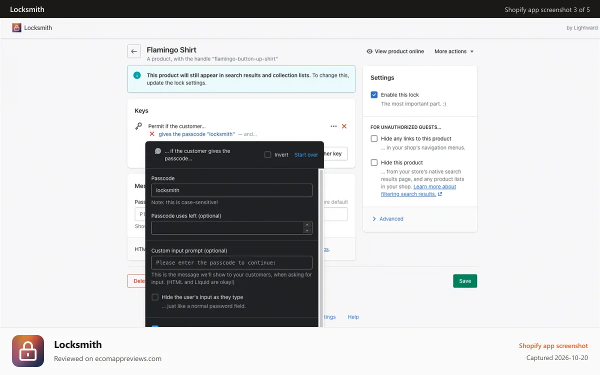 Locksmith Shopify app screenshot: Creating a key