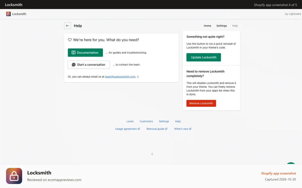 Locksmith Shopify app screenshot: Locksmith help page