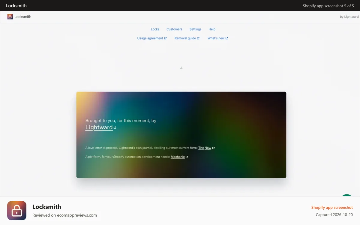 Locksmith Shopify app screenshot: Brought to you, for this moment, by Lightward