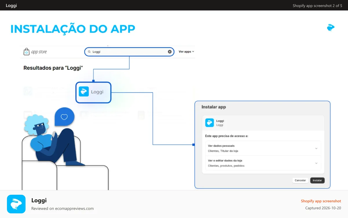 Loggi Shopify app screenshot: Screenshot da instalação do app com ilustração