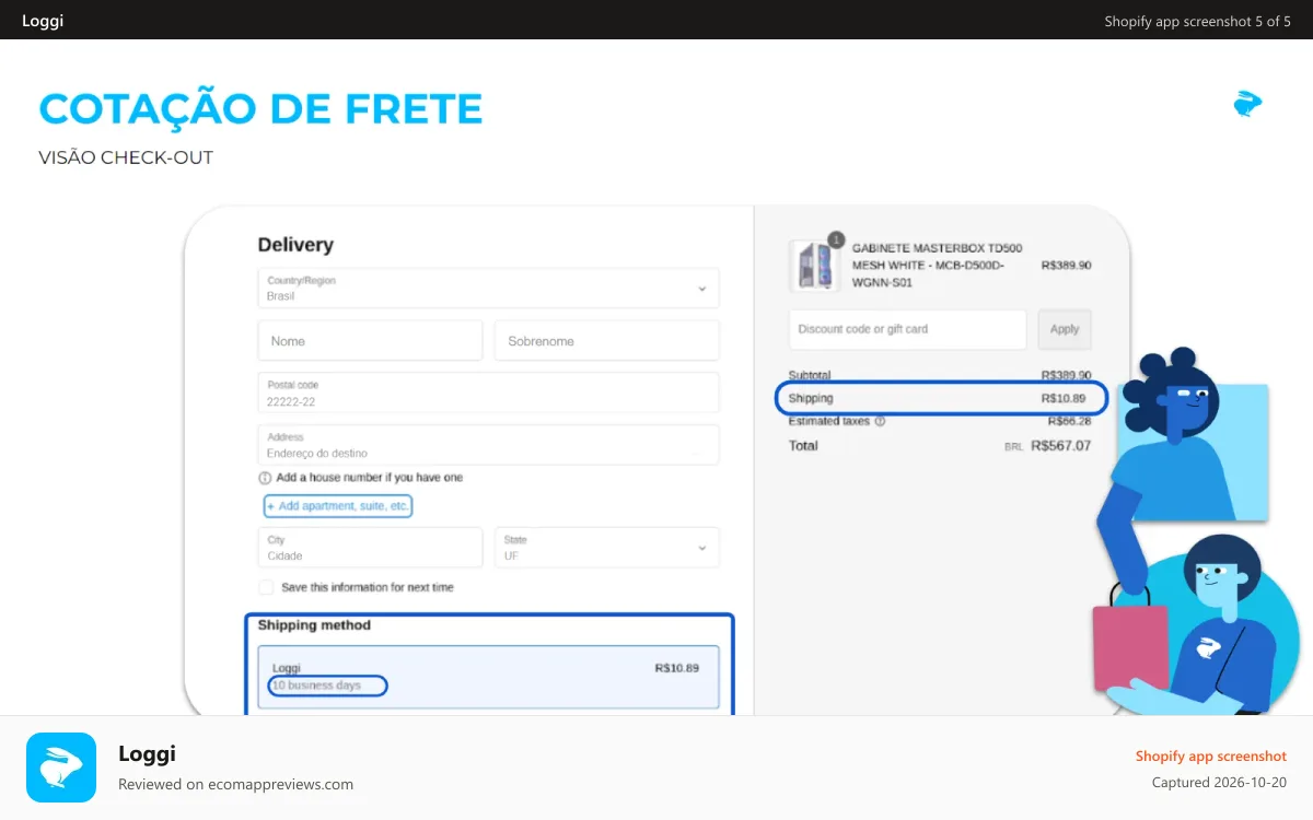 Loggi Shopify app screenshot: Screenshot da cotação de frete no checkout com ilustração