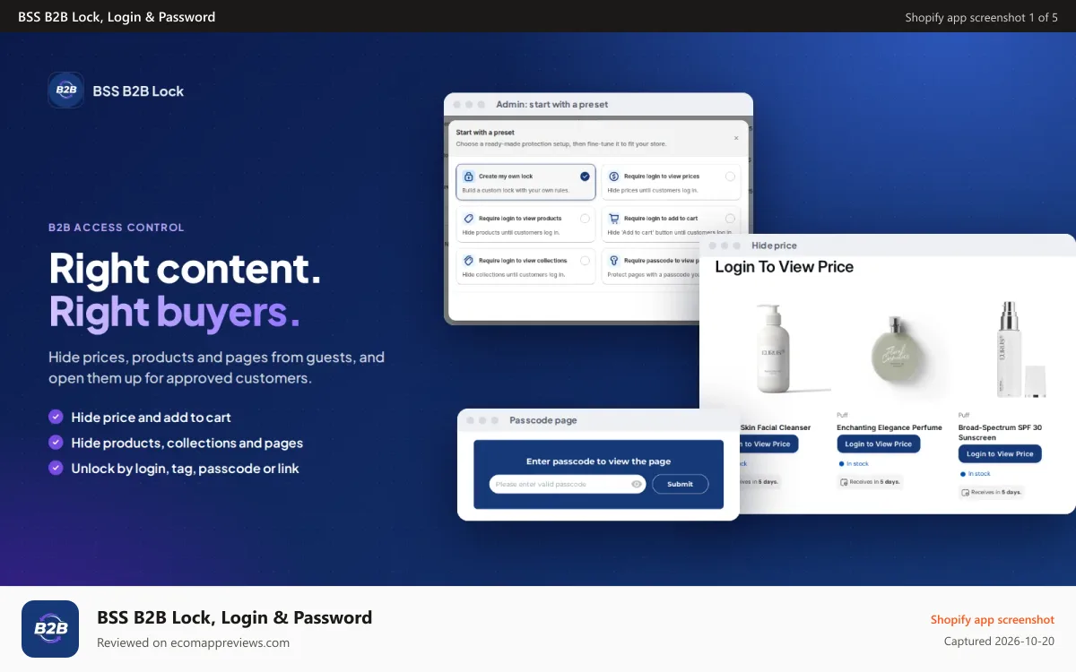 BSS B2B Lock, Login & Password Shopify app screenshot: Hide prices, products and pages from guests, unlock for buyers