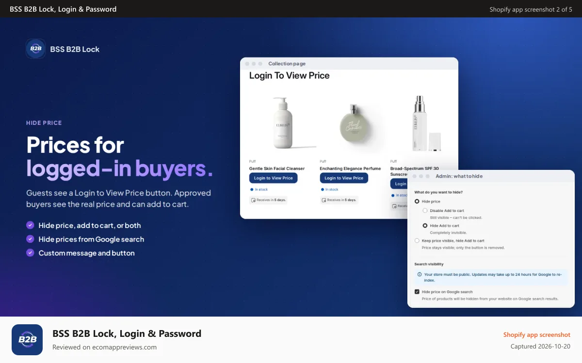BSS B2B Lock, Login & Password Shopify app screenshot: Login to View Price button replaces prices for guests