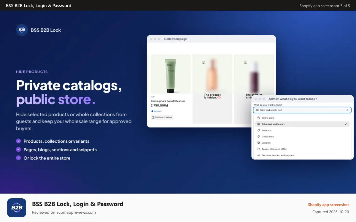 BSS B2B Lock, Login & Password Shopify app screenshot: Hide products, collections, variants, pages or the whole store