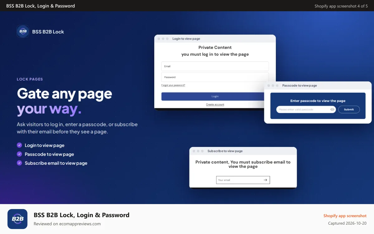 BSS B2B Lock, Login & Password Shopify app screenshot: Lock pages with login, passcode or email subscription