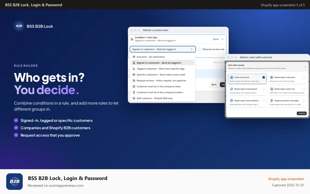 BSS B2B Lock, Login & Password Shopify app screenshot: Access rules by login, tag, customer, company or request