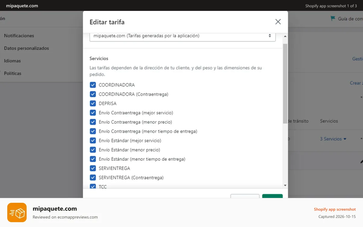 mipaquete.com Shopify app screenshot: Elige la transportadora. Puedes configurar Pago Contra entrega.