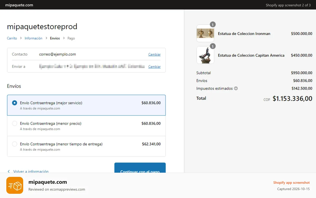 mipaquete.com Shopify app screenshot: Tu clientes podrán cotizar el envío en tiempo real.