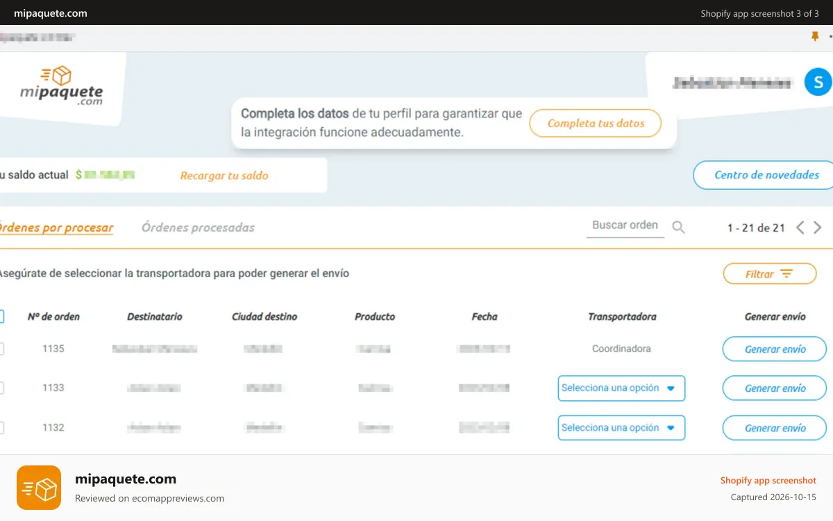 mipaquete.com Shopify app screenshot: Descarga de guías desde Shopify. Orden de recolección automática