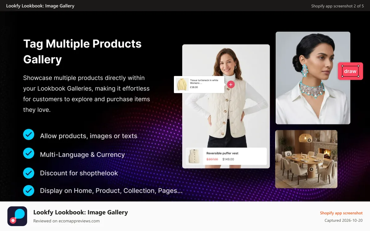 Lookfy Lookbook: Image Gallery Shopify app screenshot: Tag Multiple Products Text Link to Video, Photo, image gallery