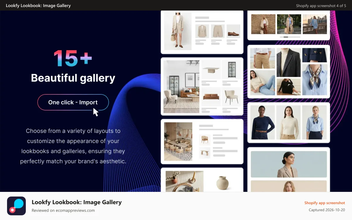 Lookfy Lookbook: Image Gallery Shopify app screenshot: Multiple elegant layouts for Portfolio, Gallery, Video