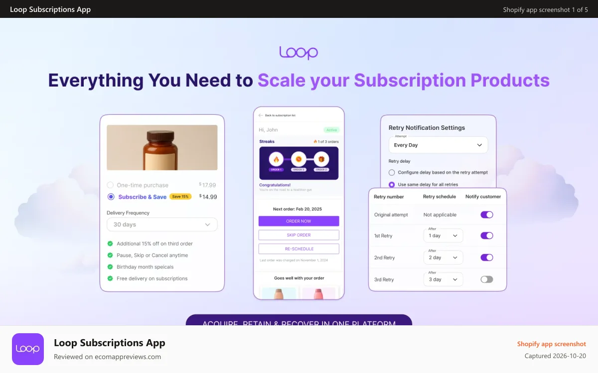 Loop Subscriptions App Shopify app screenshot: Shopify subscription app dashboard with recurring billing featur