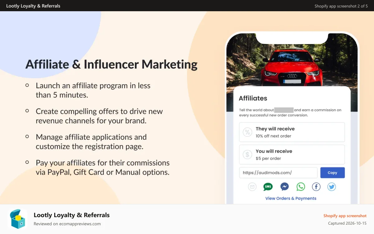 Lootly Loyalty & Referrals Shopify app screenshot: Lootly Affiliate Marketing
