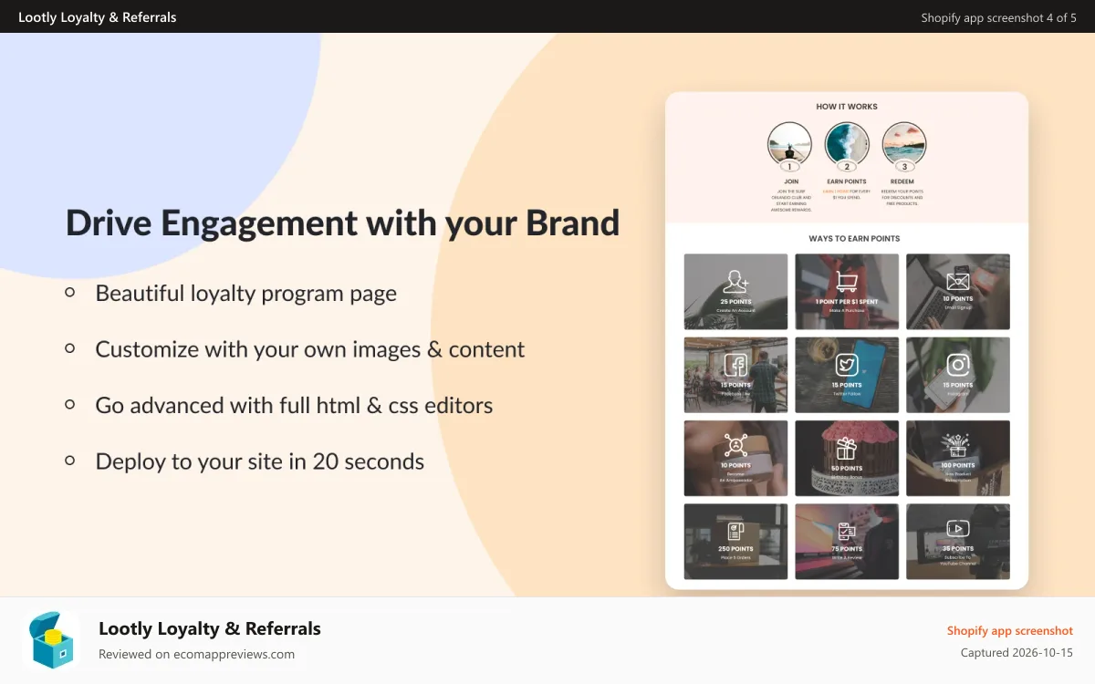 Lootly Loyalty & Referrals Shopify app screenshot: Lootly Rewards Page