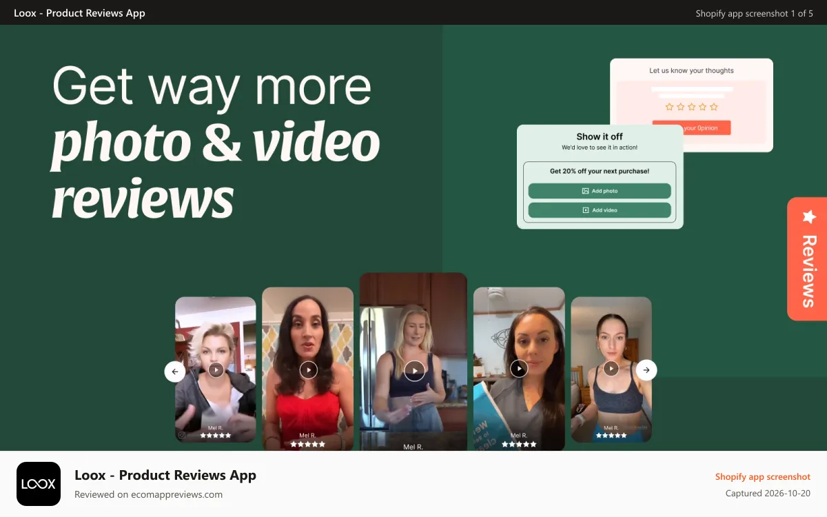 Loox ‑ Product Reviews App Shopify app screenshot: Collect more visual reviews with automated emails & review form