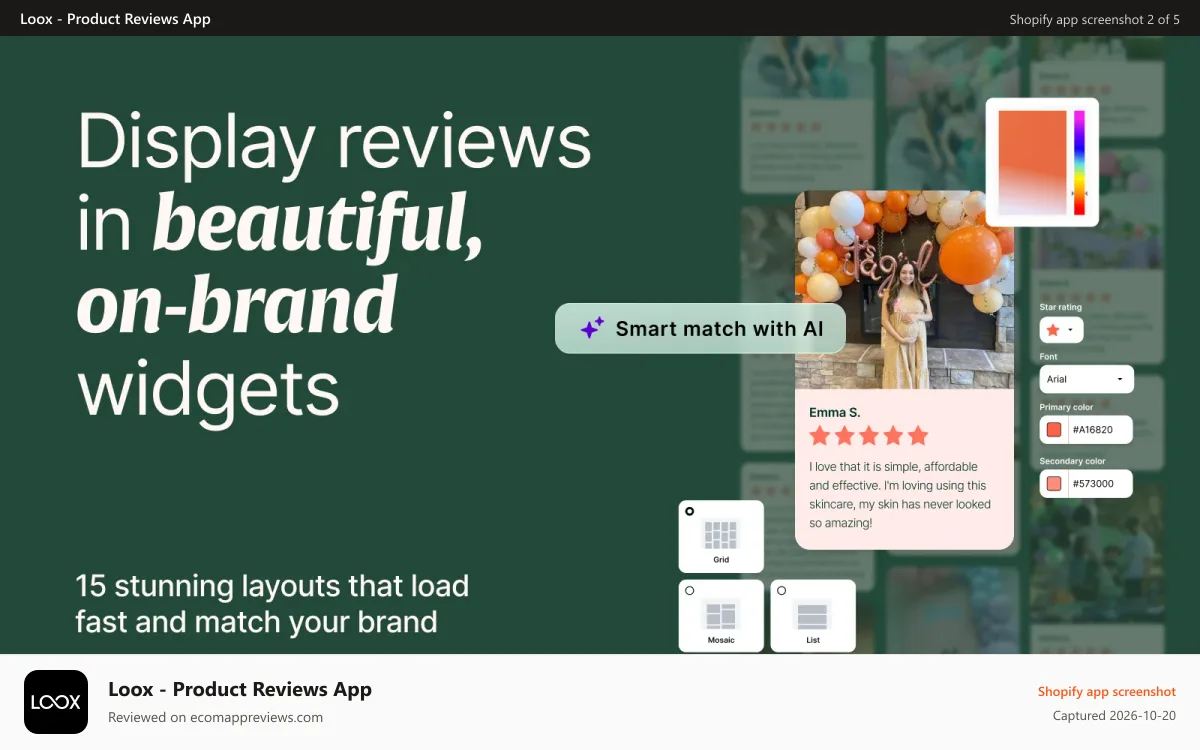 Loox ‑ Product Reviews App Shopify app screenshot: Choose from more display options, secure trust with widgets