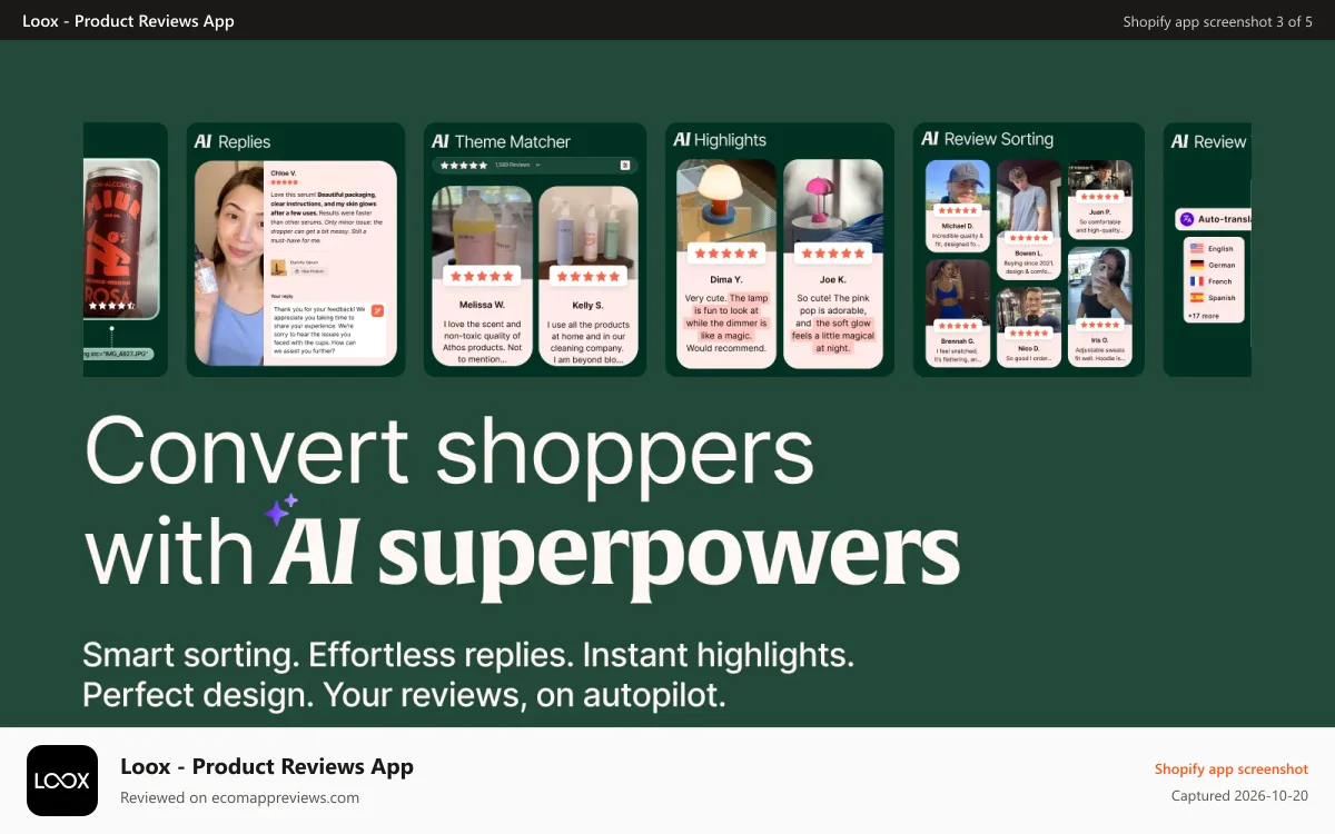 Loox ‑ Product Reviews App Shopify app screenshot: Smart sorting. Instant highlights. Your reviews, on autopilot