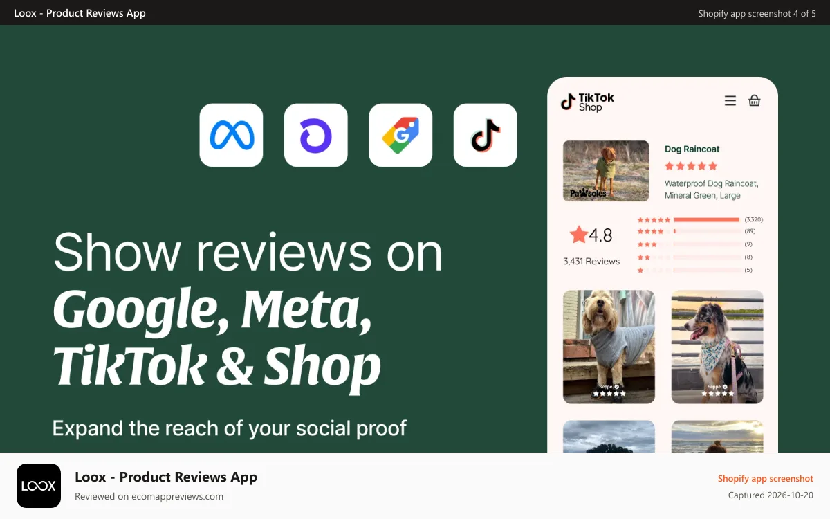 Loox ‑ Product Reviews App Shopify app screenshot: Sync reviews to Google Shopping, Meta Shops, Tiktok, Shop App