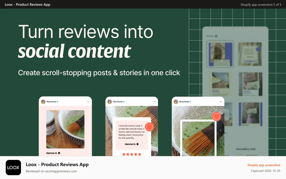 Loox ‑ Product Reviews App Shopify app screenshot: Turn your best reviews into your most compelling social posts