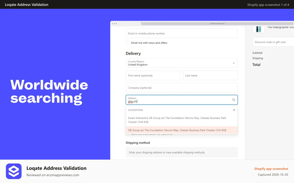 Loqate Address Validation Shopify app screenshot: Search for any address in over 250 countries and territories