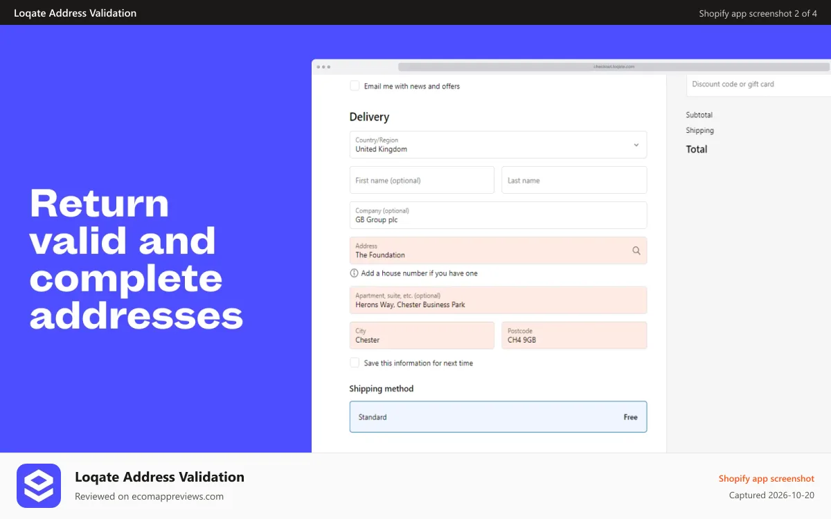 Loqate Address Validation Shopify app screenshot: Loqate returns only accurate and valid addresses