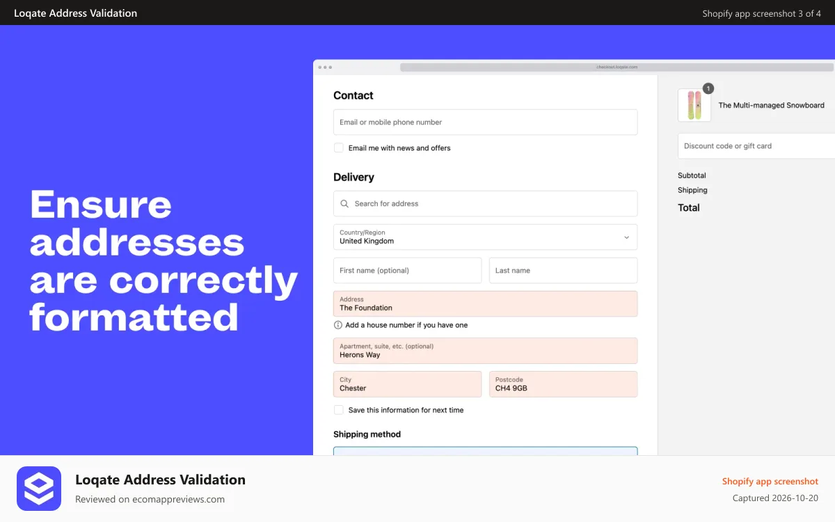 Loqate Address Validation Shopify app screenshot: Capture and verify global addresses