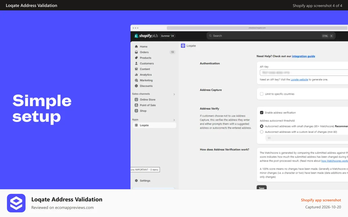 Loqate Address Validation Shopify app screenshot: Get up and running in minutes