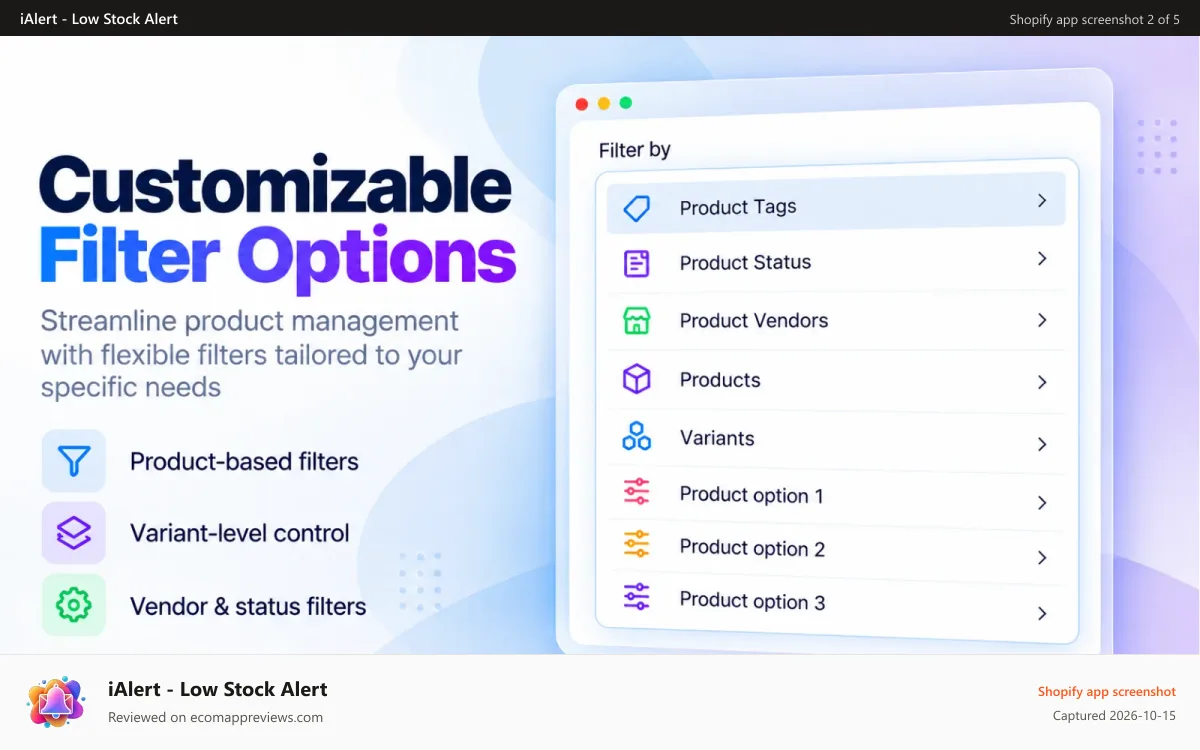 iAlert ‑ Low Stock Alert Shopify app screenshot: Filter options