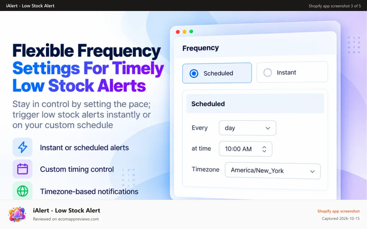 iAlert ‑ Low Stock Alert Shopify app screenshot: Frequency settings