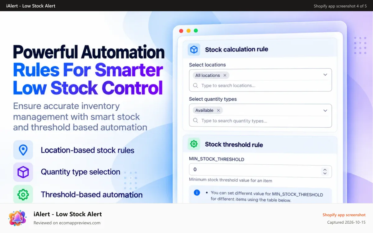 iAlert ‑ Low Stock Alert Shopify app screenshot: Automation rules