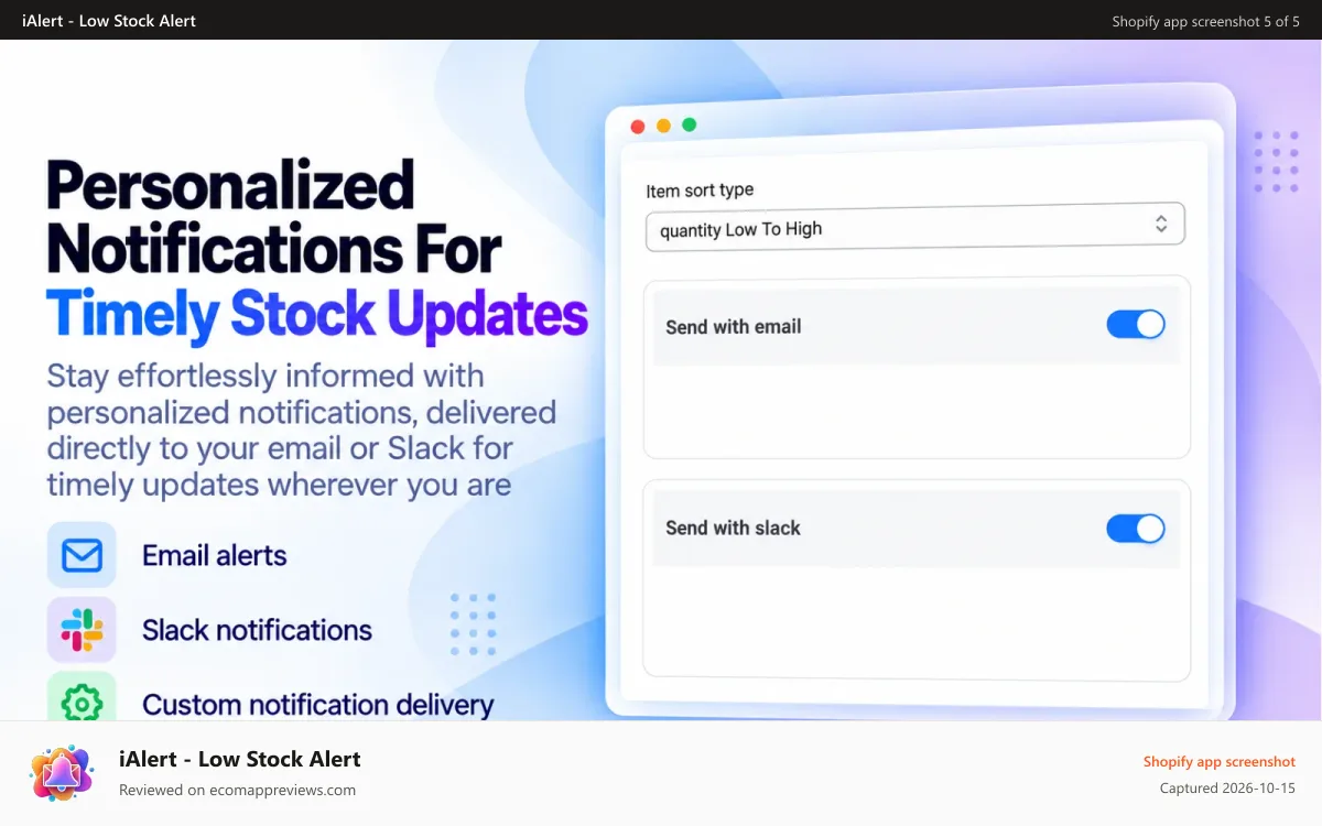 iAlert ‑ Low Stock Alert Shopify app screenshot: Personalized notification