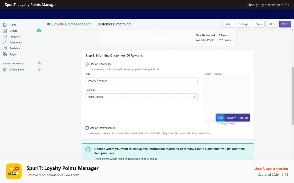 SpurIT: Loyalty Points Manager Shopify app screenshot: loyalty points