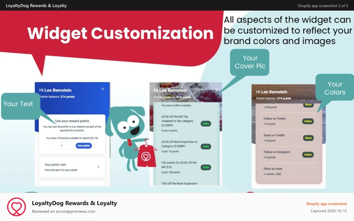 LoyaltyDog Rewards & Loyalty Shopify app screenshot: Control the branding to for your eCommerce and Loyalty Widget
