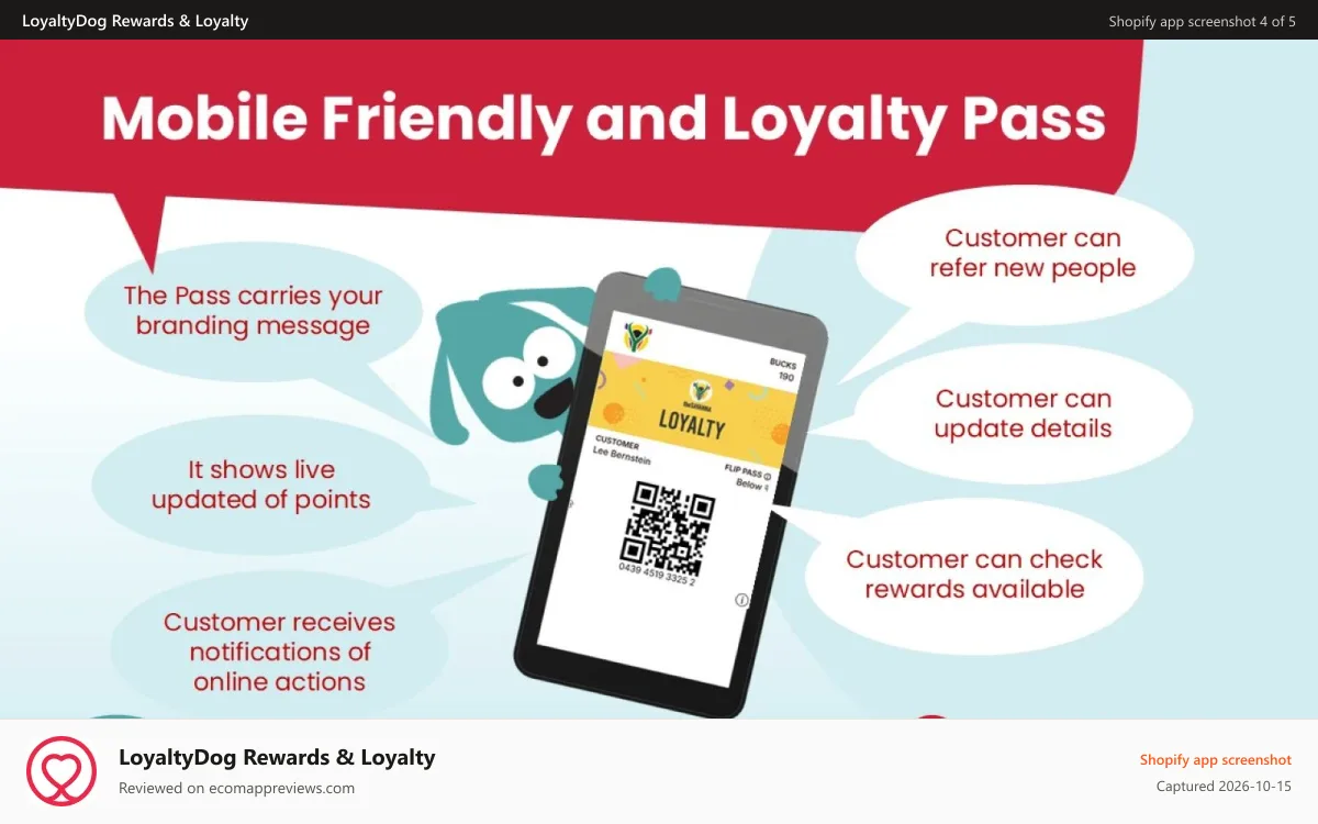 LoyaltyDog Rewards & Loyalty Shopify app screenshot: Online and Offline interaction with mobile loyalty pass on phone