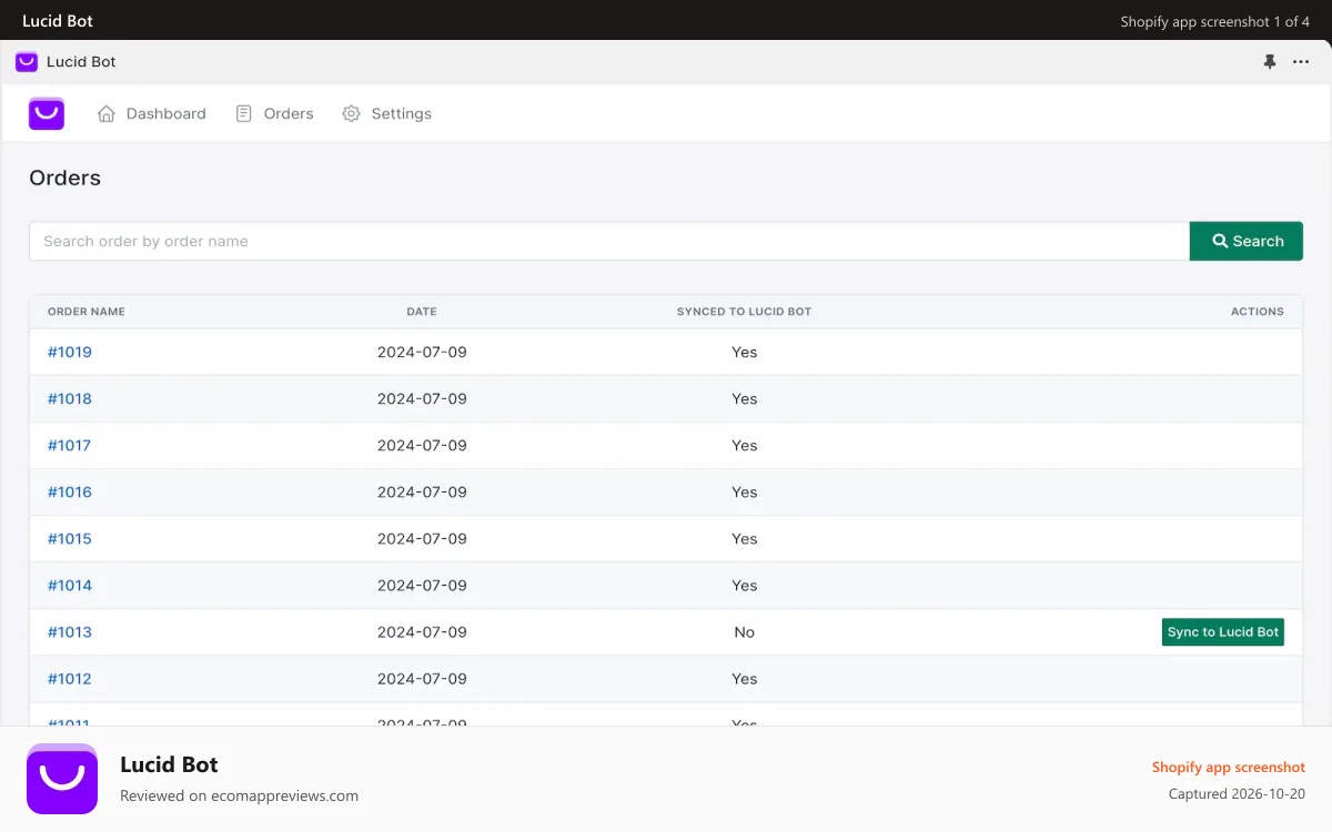 Lucid Bot Shopify app screenshot: Order summary