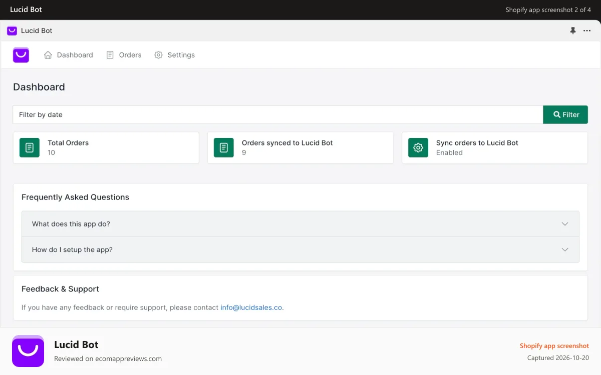 Lucid Bot Shopify app screenshot: Comprehensive Dashboard