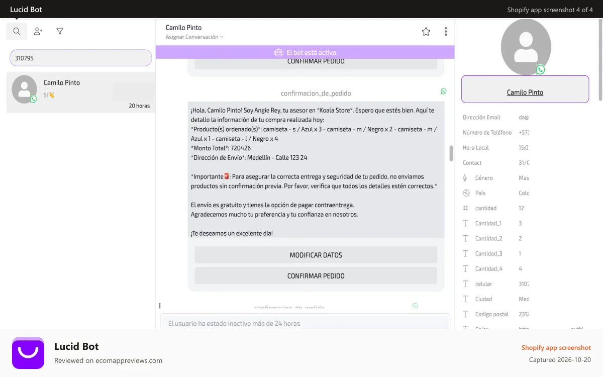 Lucid Bot Shopify app screenshot: Send follow-up messages on WhatsApp quickly.